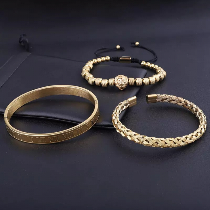 Set de trei bratari luxury din otel inoxidabil, model cu cap de leu si cifre romane, placat cu aur 24K, marime reglabila, Tessero, auriu [3]