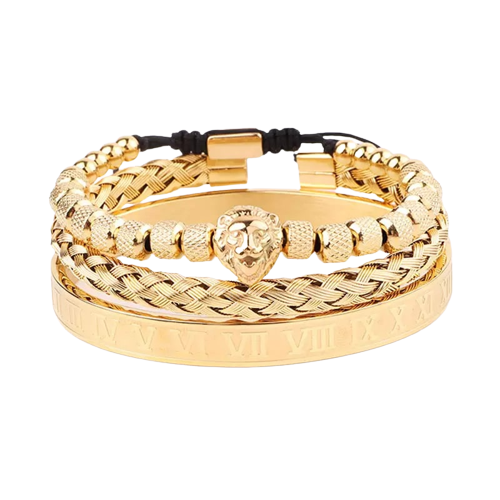 Set de trei bratari luxury din otel inoxidabil, model cu cap de leu si cifre romane, placat cu aur 24K, marime reglabila, Tessero, auriu [1]
