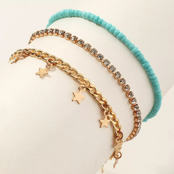 Set de trei bratari pentru picior, model cu stelute, pietre zirconiu, placat cu aur 18K, 22 cm+5 cm, marime reglabila, auriu si turcoaz [4]