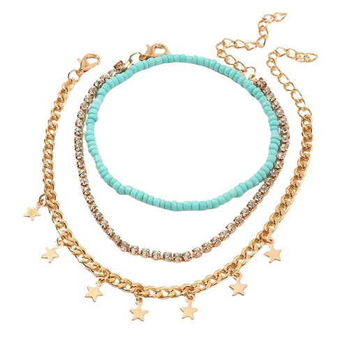 Set de trei bratari pentru picior, model cu stelute, pietre zirconiu, placat cu aur 18K, 22 cm+5 cm, marime reglabila, auriu si turcoaz [1]