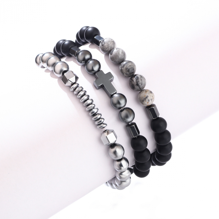 Set de trei bratari pietre narturale semipretioase, model cu cruce, elastica, Tessero, argintiu si negru [3]