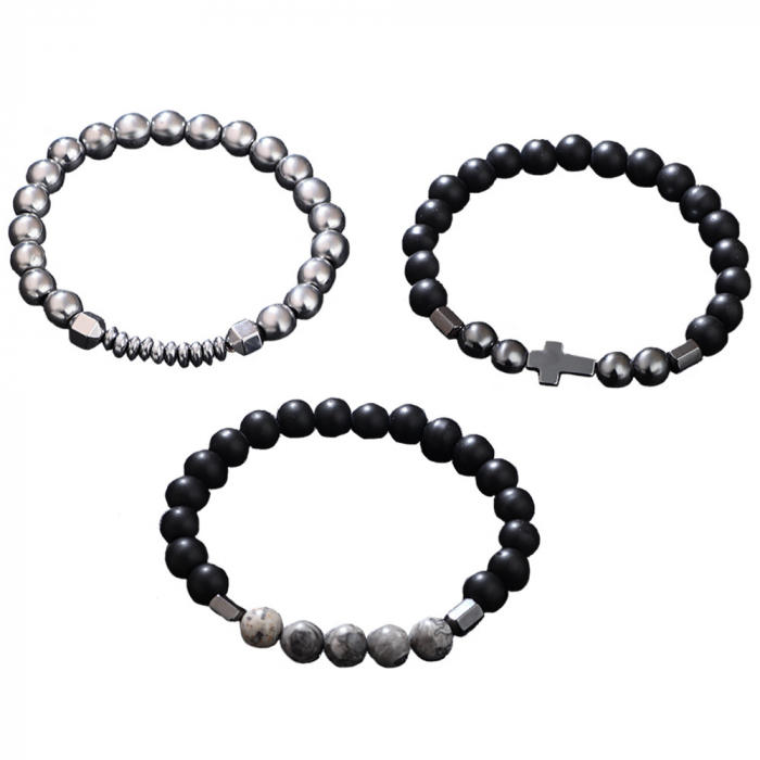 Set de trei bratari pietre narturale semipretioase, model cu cruce, elastica, Tessero, argintiu si negru [4]