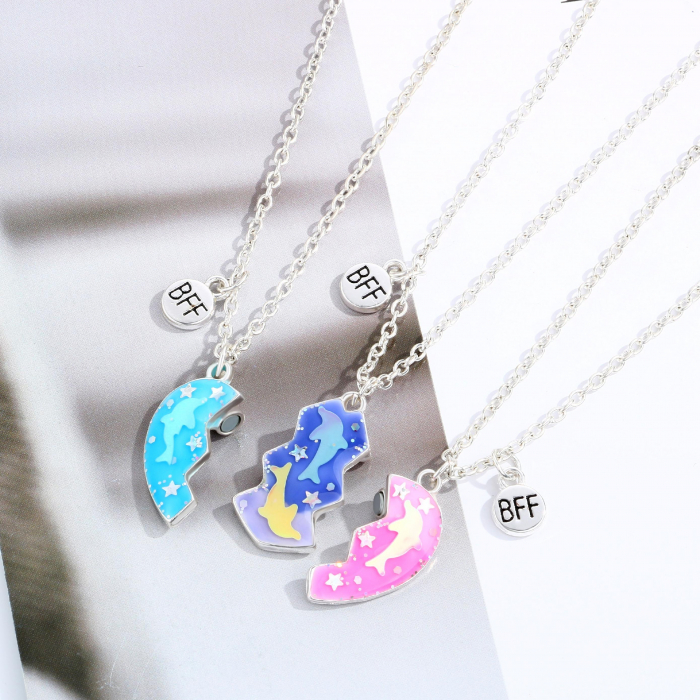 Set de trei lantisoare cu magnet pentru prieteni, BFF, model in forma de inima cu delfini si charm cu best friends forever, unisex, argintiu [2]