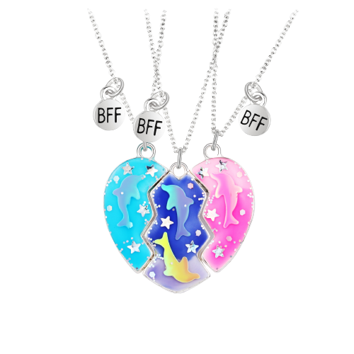Set de trei lantisoare cu magnet pentru prieteni, BFF, model in forma de inima cu delfini si charm cu best friends forever, unisex, argintiu [4]