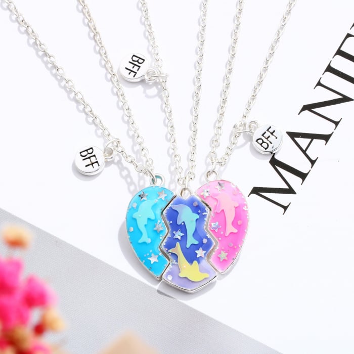 Set de trei lantisoare cu magnet pentru prieteni, BFF, model in forma de inima cu delfini si charm cu best friends forever, unisex, argintiu [1]