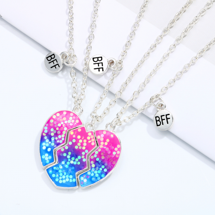 Set de trei lantisoare cu magnet pentru prieteni, BFF, model in forma de inima si charm cu best friends forever, unisex, argintiu [3]