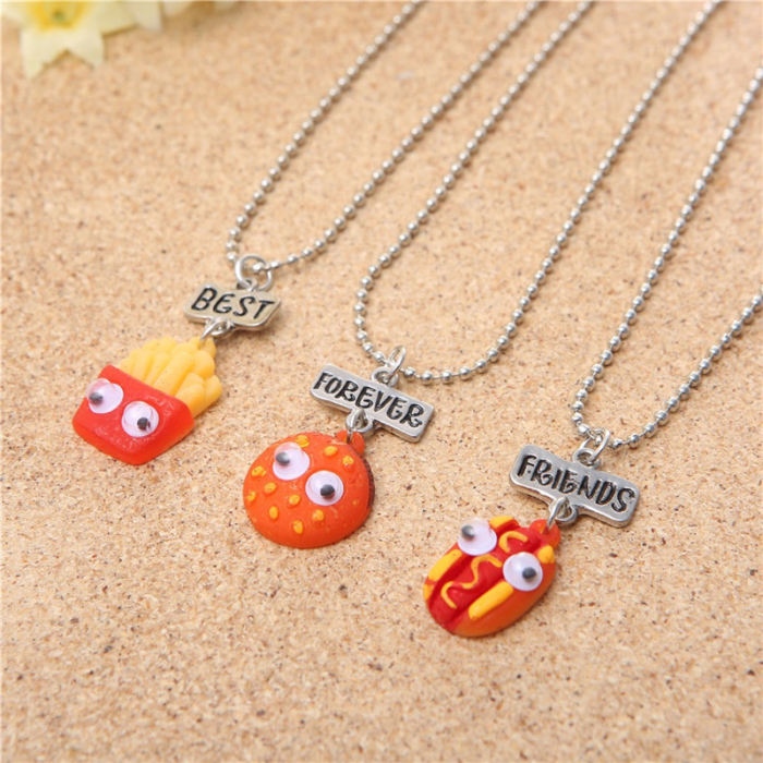 Set de trei lantisoare haioase pentru prieteni, BFF, model in forma de produse fast-food, hamburger, hotdog, charm-uri cu best friends forever, placat cu argint, Tessero, argintiu [1]