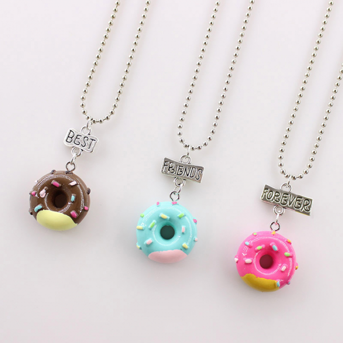 Set de trei lantisoare pentru prieteni, BFF, model in forma de gogoasa si charm-uri cu best friends forever, argintiu [2]