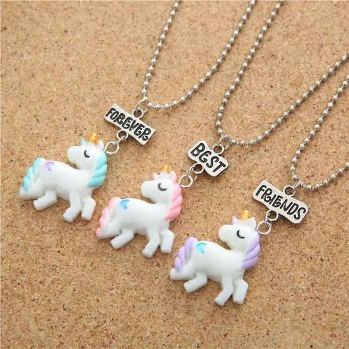 Set de trei lantisoare pentru prieteni, BFF, model in forma de unicorni si charm-uri cu best friends forever, placat cu argint, Tessero, argintiu [2]