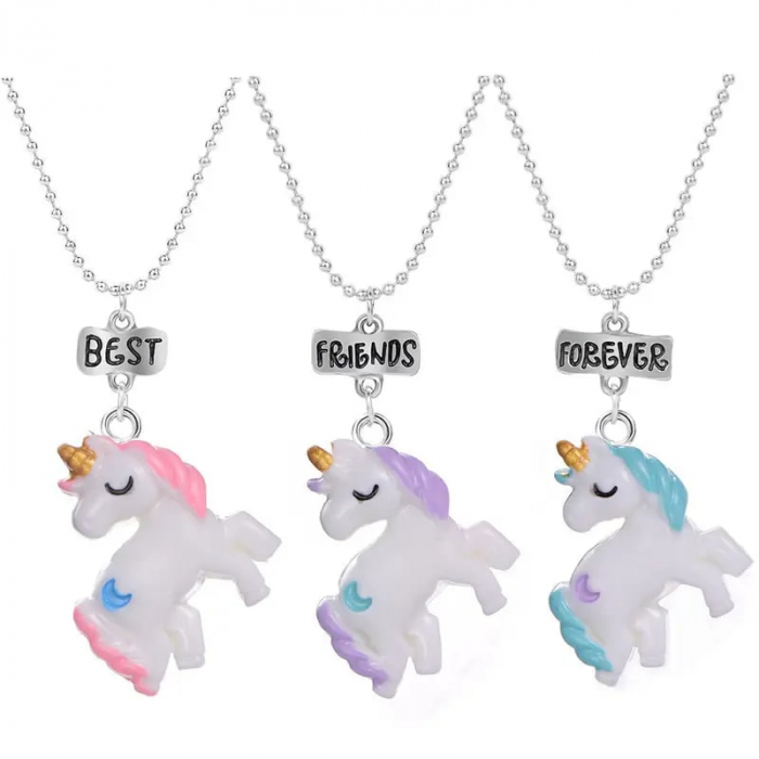 Set de trei lantisoare pentru prieteni, BFF, model in forma de unicorni si charm-uri cu best friends forever, placat cu argint, Tessero, argintiu [1]