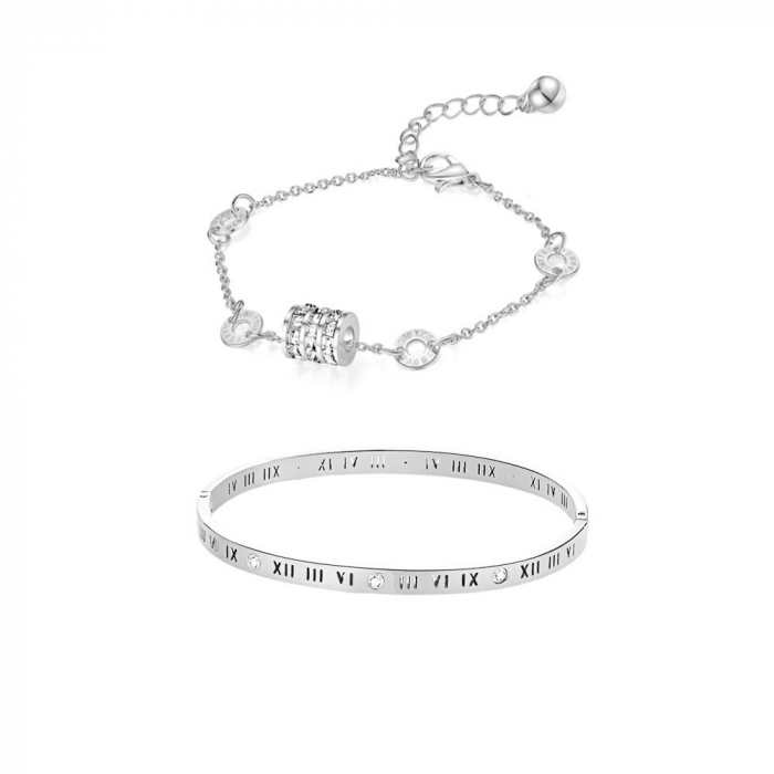 Set doua bratari de dama, bangle fixa cu cifre romane, charm-uri cu pietre zirconiu, otel inoxidabil, placat cu aur 18K, Tessero, argintiu [1]