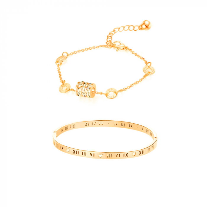 Set doua bratari de dama, bangle fixa cu cifre romane, charm-uri cu pietre zirconiu, otel inoxidabil, placat cu aur 18K, Tessero, auriu [1]
