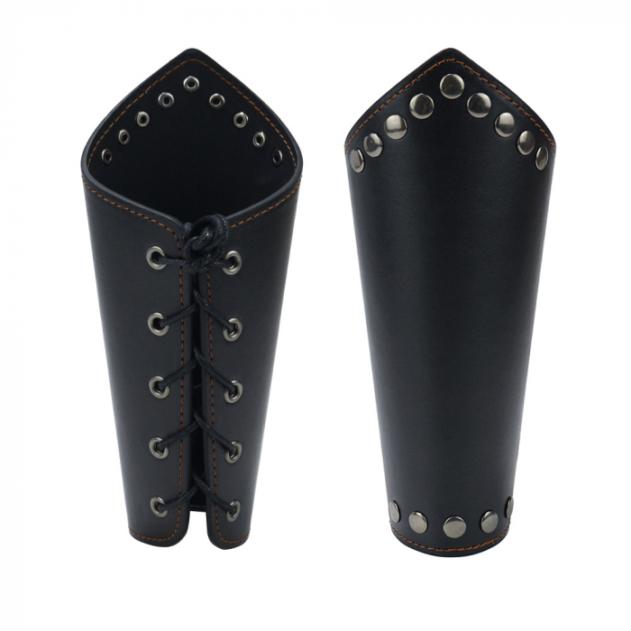 Set doua bratari pentru antebrat din piele cu sireturi pentru reglare, tip corset, model cu capse, Tessero, negru [1]