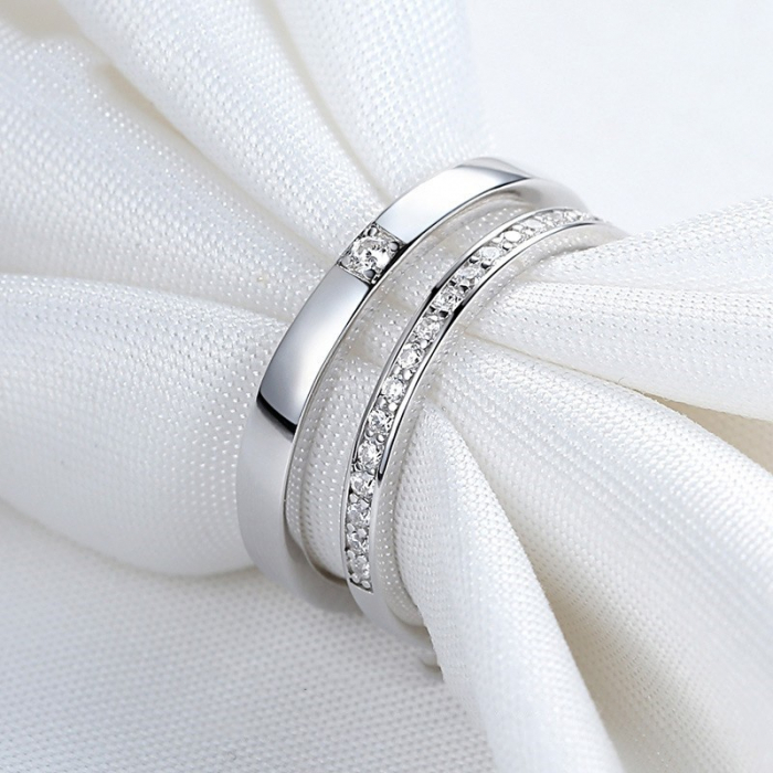 Set doua inele, model cu pietre zirconiu, marime reglabila, Tessero, unisex, argintiu [2]