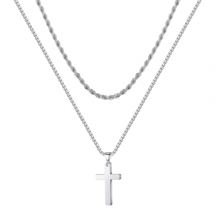 Set doua lantisoare model Rope Chain si design cubic cu pandantiv in forma de cruce, otel inoxidabil, Tessero, argintiu [1]