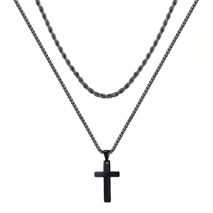 Set doua lantisoare model Rope Chain si design cubic cu pandantiv in forma de cruce, otel inoxidabil, Tessero, negru [1]