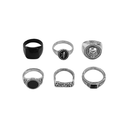 Set format din 6 inele diferite modele Punk tip ghiul, unisex, cap de mort, placate cu argint, Tessero, marime universala, argintiu [1]