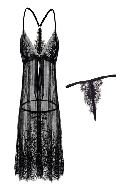 Set lenjerie sexy de dama, chilot si camasa de noapte cu dantela, negru, marime L [3]