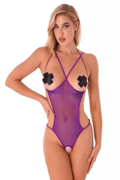 Set lenjerie sexy de dama, costum erotic, transparent, Tessero, marime universala, mov [1]