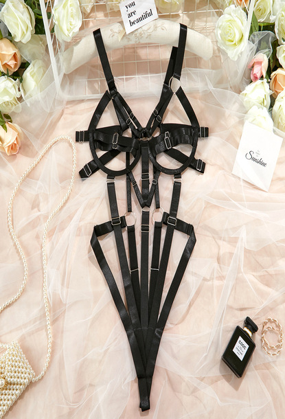 Set lenjerie sexy de dama cu barete multiple si capse metalice, Tessero, negru, marime L INTL [3]