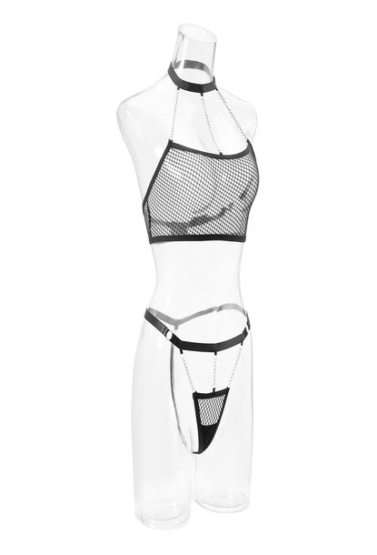 Set lenjerie sexy de dama, doua piese, chilot si sutien, model cu plasa si lanturi, marime L INTL, Tessero, negru [3]