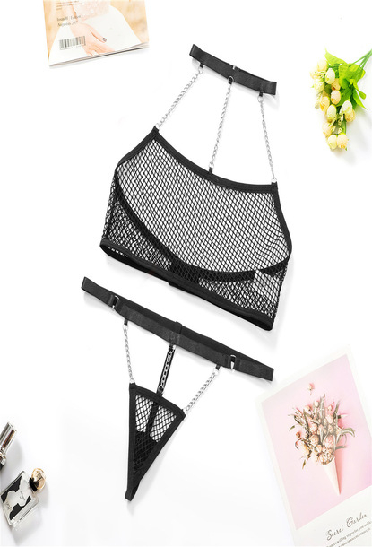 Set lenjerie sexy de dama, doua piese, chilot si sutien, model cu plasa si lanturi, marime M INTL, Tessero, negru [4]