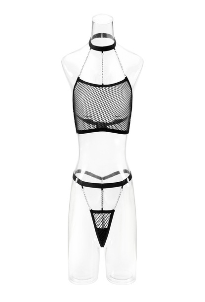 Set lenjerie sexy de dama, doua piese, chilot si sutien, model cu plasa si lanturi, marime S INTL, Tessero, negru [2]