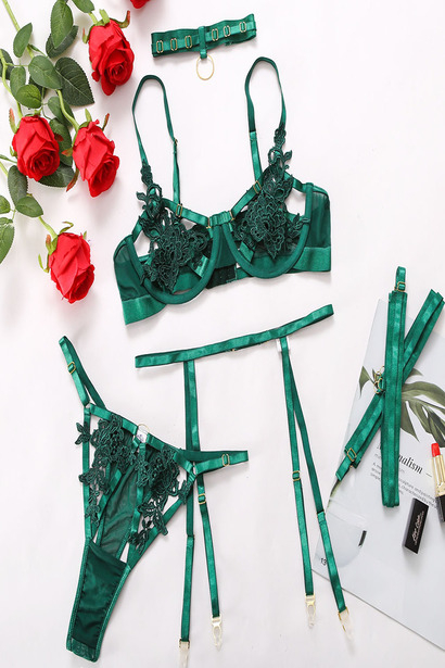 Set lenjerie sexy de dama, format din sutien cu model, chiloti tanga, portjartier si chocker, Tessero, marimea L INTL, verde [4]