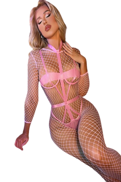 Set lenjerie sexy de dama model tip costum erotic format din chilot tanga, sutien, plasa bodystocking, chocker, culoare roz, Tesseo, marime M INTL [3]