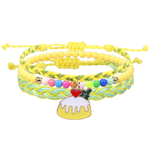 Set trei bratari tip snur din textil impletit si margele, realizat manual, marime reglabila, charm-uri animate, Tessero, galben [1]