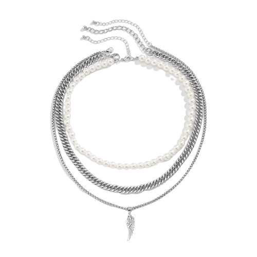 Set trei lantisoare Punk din otel inoxidabil, unisex, model Cuban Chain, lantisor cu pandantiv in forma de pana, colier din perle, placat cu argint, Tessero, argintiu [1]