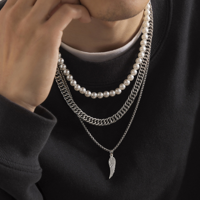 Set trei lantisoare Punk din otel inoxidabil, unisex, model Cuban Chain, lantisor cu pandantiv in forma de pana, colier din perle, placat cu argint, Tessero, argintiu [2]