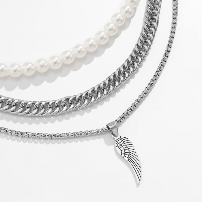 Set trei lantisoare Punk din otel inoxidabil, unisex, model Cuban Chain, lantisor cu pandantiv in forma de pana, colier din perle, placat cu argint, Tessero, argintiu [3]