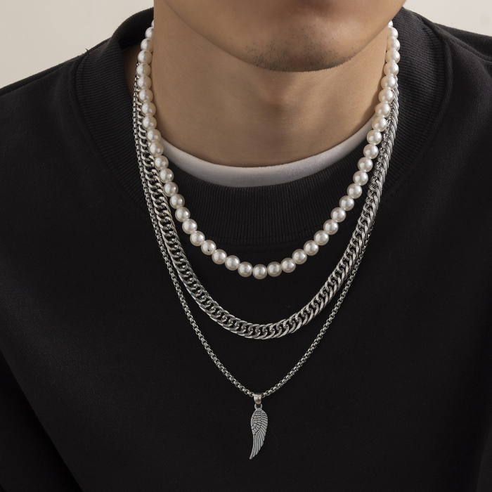Set trei lantisoare Punk din otel inoxidabil, unisex, model Cuban Chain, lantisor cu pandantiv in forma de pana, colier din perle, placat cu argint, Tessero, argintiu [4]