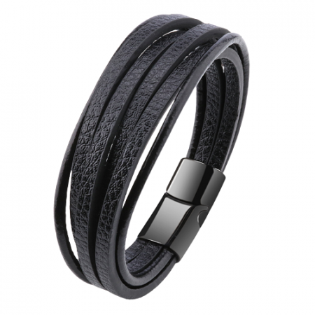 Bijuterii barbati - Bratara barbateasca din piele naturala cu siraguri multiple, model clasic, prindere magnet, Tessero, negru