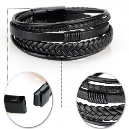 Bratara barbateasca din piele naturala, cu siraguri multiple, prindere magnet, culoare negru [1]