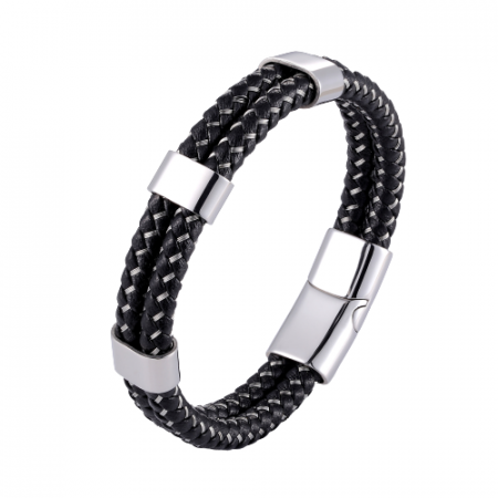 Bijuterii barbati - Bratara barbateasca din piele naturala si model din otel inoxidabil, prindere de magnet, 20 cm, argintiu si negru
