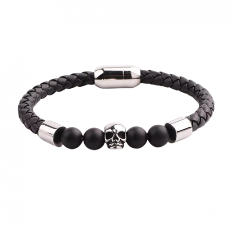 Bijuterii barbati - Bratara barbateasca din piele naturala si pietre semipretioase tiger eye, model cu cap de mort din otel inoxidabil, prindere magnet, Tessero, argintiu