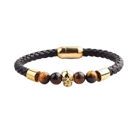 Bratara barbateasca din piele naturala si pietre semipretioase tiger eye, model cu cap de mort din otel inoxidabil, prindere magnet, Tessero, auriu [1]