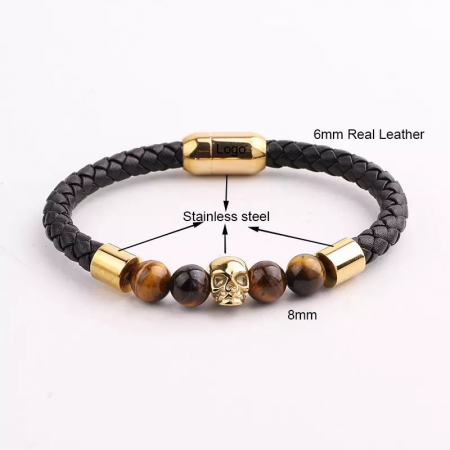 Bijuterii barbati - Bratara barbateasca din piele naturala si pietre semipretioase tiger eye, model cu cap de mort din otel inoxidabil, prindere magnet, Tessero, auriu