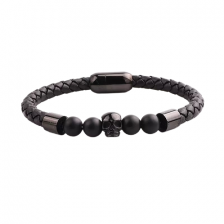 Bijuterii barbati - Bratara barbateasca din piele naturala si pietre semipretioase tiger eye, model cu cap de mort din otel inoxidabil, prindere magnet, Tessero, negru