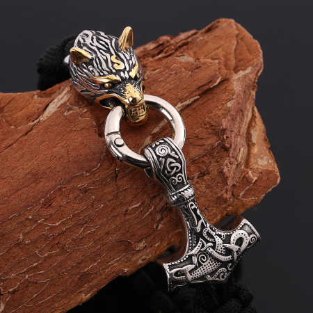 Bratara barbateasca din sfoara impletita, model cu cap de leu si ciocanul lui Thor din otel inoxidabil, placat cu aur 18K, Tessero, argintiu si negru [2]