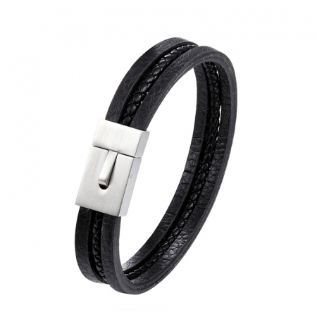 Bijuterii barbati - Bratara barbateasca eleganta din piele naturala, model impletit, inchidere cu buton, Tessero, argintiu si negru