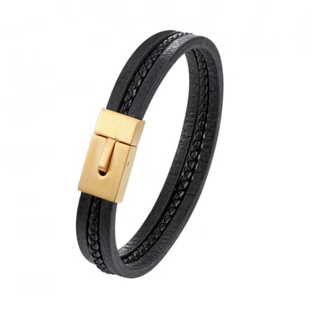 Bratara barbateasca eleganta din piele naturala, model impletit, inchidere cu buton, Tessero, auriu si negru [1]
