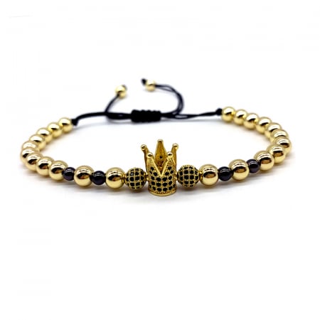 Bijuterii barbati - Bratara cu margele din otel inoxidabil luxury, unisex, model cu coroana, placata cu aur 18K si pietre zirconiu negru, marime reglabila pe snur, auriu