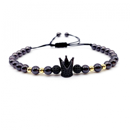 Bijuterii barbati - Bratara cu margele din otel inoxidabil luxury, unisex, model cu coroana, placata cu aur 18K si pietre zirconiu negru, marime reglabila pe snur, negru