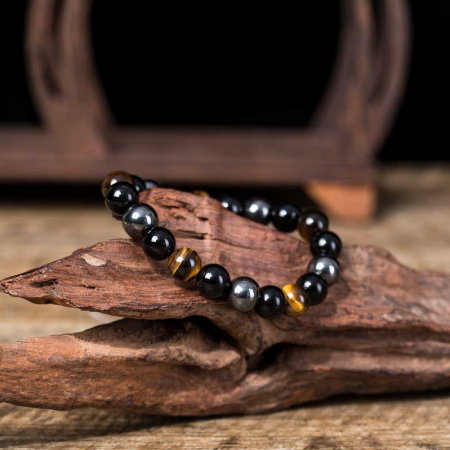 Bratara cu margele din piatra semipretioasa, tiger eye, obsidian si hematit, 8mm, marime reglabila, unisex, Tessero, negru si maro [1]