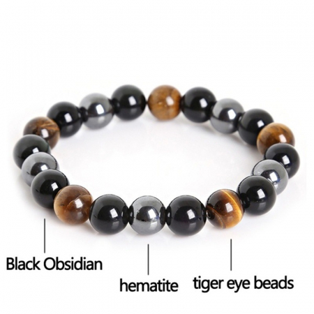 Bratara cu margele din piatra semipretioasa, tiger eye, obsidian si hematit, 8mm, marime reglabila, unisex, Tessero, negru si maro [3]