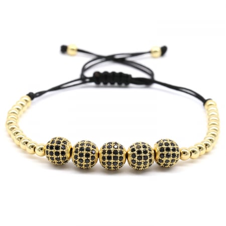 Bijuterii barbati - Bratara cu margele luxury, disco ball CZ, macrame, reglabila pe snur, pietre zirconiu negru, placata cu aur 24K, auriu
