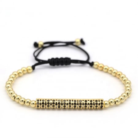 Bijuterii barbati - Bratara cu margele luxury, model gold bar, macrame, reglabila pe snur, pietre zirconiu negru, placata cu aur 24K, auriu